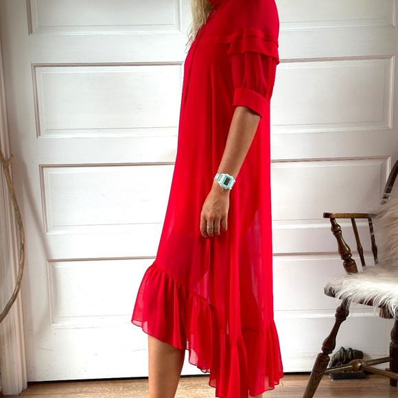 Sandro Paris Red Ruffled Midi Dress – Size 36 small - Picture 5 of 9